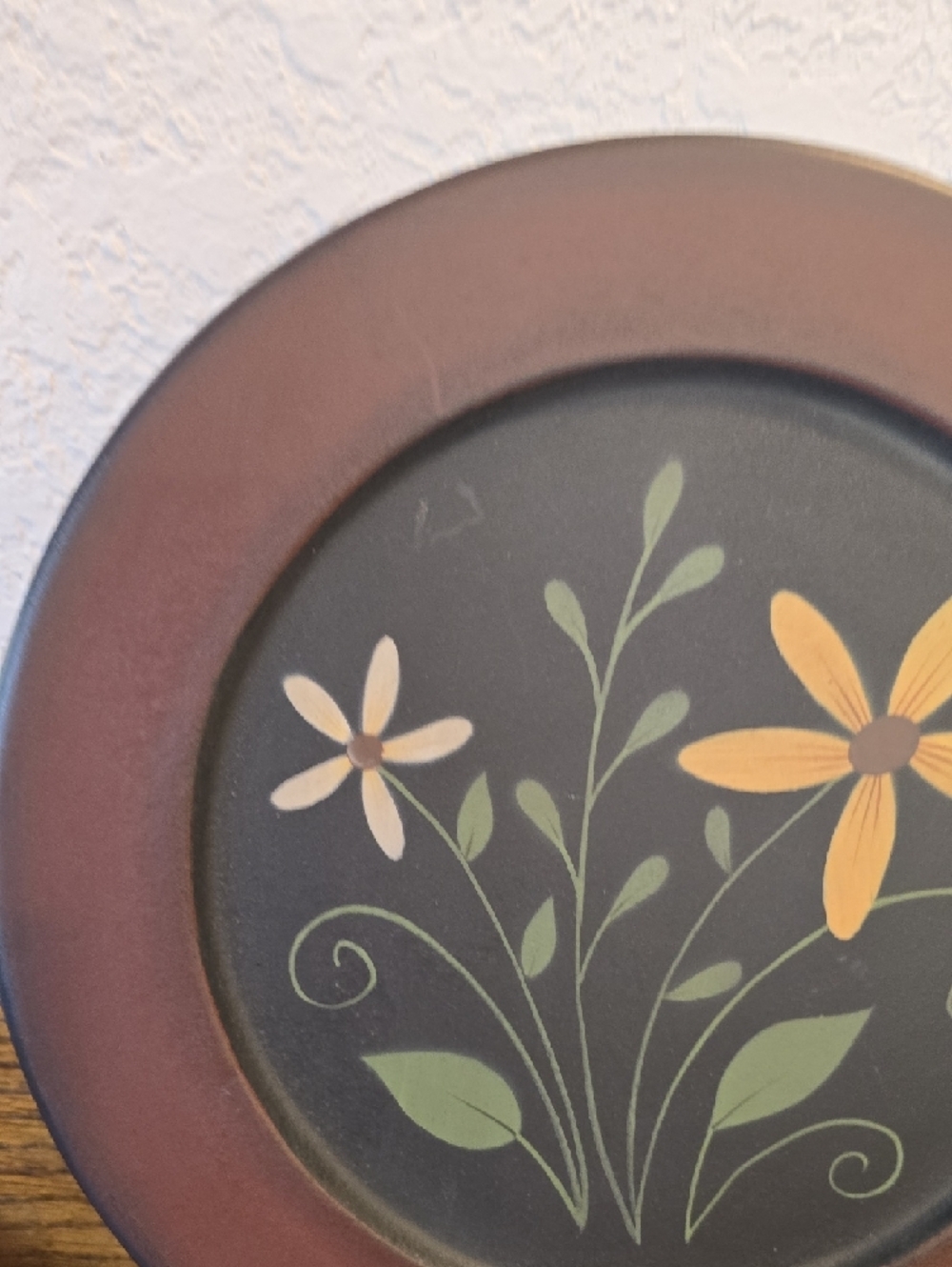 Wooden Folk Art Decorative Floral Accent Plate in Black and Brown - Picture 7 of 7
